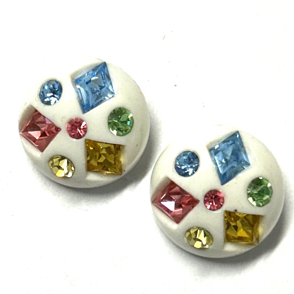 Vintage MCM White Plastic Multicolor‎ Rhinestone Clip Earrings